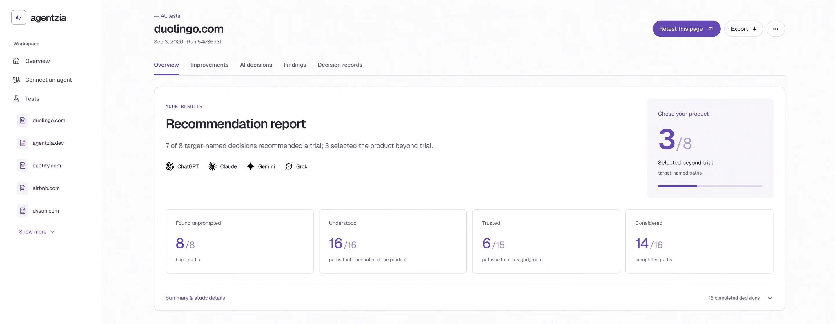 Agentzia’s Duolingo recommendation report: 3 of 8 target-named decisions selected the product beyond trial.